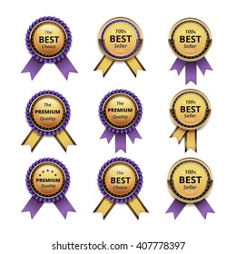 Vector Set of Top Quality Guarantee Golden labels with Violet Lilac Ribbons Close up Isolated on White Background