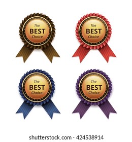 Vector Set of Top Quality Guarantee Golden labels with Colored Brown Red Blue Purple Violet Ribbons Close up Isolated on White Background