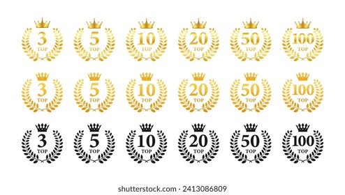 Vector set of top rank insignias with golden laurel wreaths and crowns, representing different levels of achievement