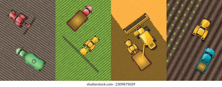 Conjunto de vectores. Vista superior de la maquinaria agrícola. Tractores, granja, campo. Paliar la tierra, plantar, cosechar. Vista desde arriba. Agricultura ecológica. Juego de granjeros.