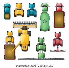 Conjunto de vectores. Vista superior de la maquinaria agrícola. Tractores, cosechas, sembradores, cultivadores, pulverizadores, cosecha, coches y remolques, limpieza de granos. Vista desde arriba. Juego de agricultura. Agricultura ecológica