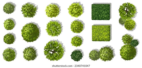 Vector set of Top view green tree for outdoor plan or map and architecture drawing, elements for environment and garden,botanical elements ,blooming flowers in spring