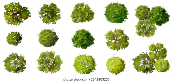 Vector set of Top view green tree for outdoor plan or map and architecture drawing, elements for environment and garden,botanical elements ,blooming flowers in spring