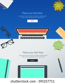 Vector set top view of modern business office and working place elements on desk background. flat design