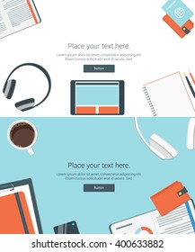 Vector set top view of modern business office and working place elements on desk background. flat design