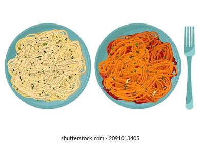 Vector set of top view pasta with herbs on turquoise ceramic plates with fork isolated on white background.
