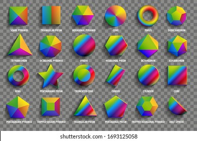 Vector set. Top view realistic math basic 3d shapes. Three dimensional geometric figures. Geometric shape figure form illustration. The shapes are painted in rainbow colors.