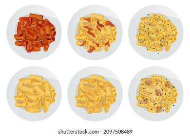 Vector set of top view rigatoni pasta with herbs, tomato sauce, ketchup, butter, cheese, mushrooms in plate isolated on white background.
