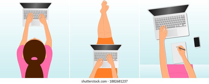 Vector set of Top view of Women lying on floor while working on laptop and taking notes. Women working and connecting online together on laptop computer, remote working, work from home concept.