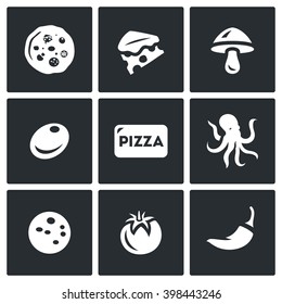 Vector Set of Toppings Pizza Icons. Cheese, Mushroom, Olive, Seafood, Ham, Vegetable, Spice. Preparation of food order and delivery to the consumer.