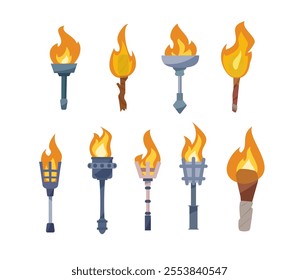 A vector set of torches with flames for the dungeon, creating a bright atmosphere. Wooden and metal materials are ideal for creating danger and lighting in games.