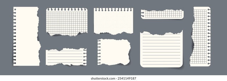 Conjunto vetorial de fragmentos rasgados de folha de papel para notebook. Remoções realistas de papel do bloco de notas. Perfeito para adicionar sensação artesanal para projetos digitais e colagens