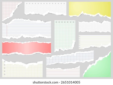 Vector set of torn notebook paper with multicolor ruled, grid, and dot lines (blue, red, green, yellow) on white paper. Great for planners, notes, and digital stationery.