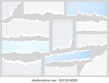 Vector set of torn notebook paper with blue ruled, grid, and dot lines on white paper. Includes various ripped note shapes. Ideal for digital journaling and scrapbooking projects.