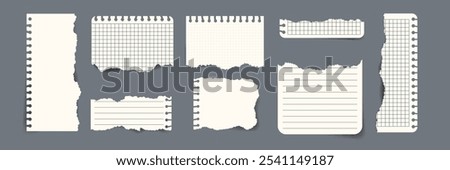 Vector set of torn notebook paper sheet Fragments. Realistic Ripped notepad paper scraps. Perfect for adding handmade feel to digital projects and collages