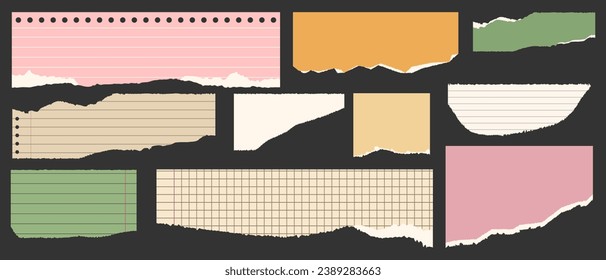 Conjunto de vectores de papel roto, hojas de bloc de notas. Vertederos de papel desmenuzados y realistas con bordes rotos. Rodamientos de páginas de cuadernos. Ilustración del vector