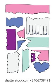 Vector set of torn paper sheets. Paper notes, stickers, sheets. Writing paper. Vector illustration