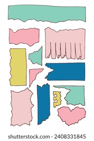 Vector set of torn paper sheets. Paper notes, stickers, sheets. Writing paper. Vector illustration
