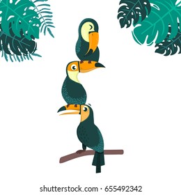 Vector set of toucan birds with leaves. Bright colorful cute cartoon character. Vector isolated illustration on white background.