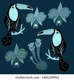 Vector set of toucan birds, tropical plant and orchids. Summer design elements. Collection of stickers for design, scrapbooking and postcards.