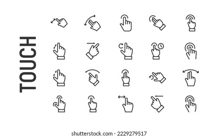 Vector set of touch thin line icons. Design of 20 stroke pictograms. Signs of touch isolated on a white background.