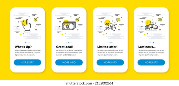 Vector set of Touchscreen gesture, Payment and Bitcoin mining line icons set. UI phone app screens with line icons. Arena stadium icon. Slide right, Finance, Cryptocurrency pickaxe. Vector