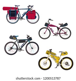 Vector set of touring bikes with saddlebag, frame bag, handlebar bag and tent. Road racing bicycles with bikepacking gear. Flat style design.