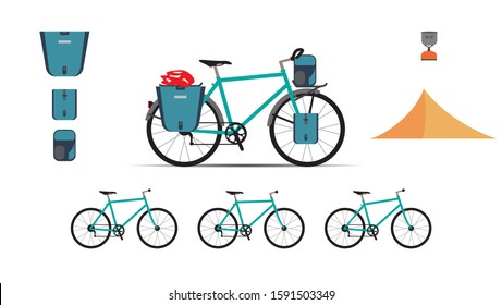 Vector Set Of Touring Bikes With Saddlebag, Frame Bag, Handlebar Bag And Tent. Road Racing Bicycles With Bikepacking Gear. Flat Style Design. Folding Stove For Ultralight Backpacking.