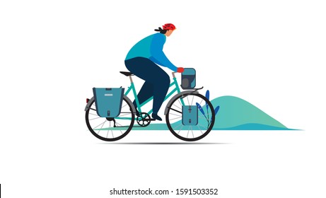 Vector Set Of Touring Bikes With Saddlebag, Frame Bag, Handlebar Bag And Tent. Road Racing Bicycles With Bikepacking Gear. Flat Style Design. Folding Stove For Ultralight Backpacking.