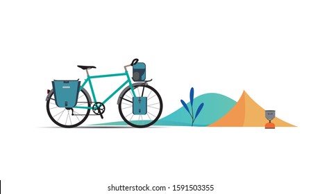 Vector Set Of Touring Bikes With Saddlebag, Frame Bag, Handlebar Bag And Tent. Road Racing Bicycles With Bikepacking Gear. Flat Style Design. Folding Stove For Ultralight Backpacking.