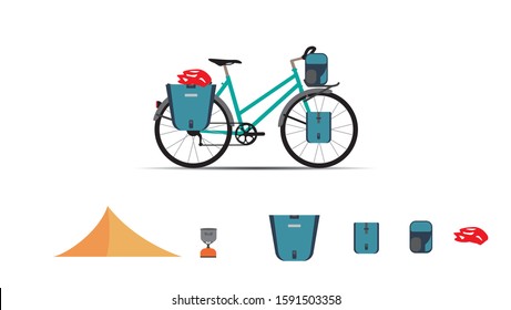 Vector set of touring bikes with saddlebag, frame bag, handlebar bag and tent. Road racing bicycles with bikepacking gear. Flat style design. Folding stove for ultralight backpacking.