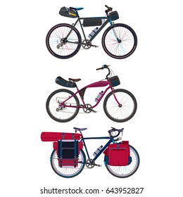 Vector set of touring bikes with saddlebag, frame bag, handlebar bag and tent. Road racing bicycles with bikepacking gear. Flat style design.