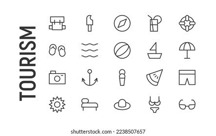 Vector set of tourism thin line icons. Design of 20 stroke pictograms. Signs of tourism isolated on a white background.