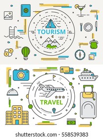 Vector set of tourism and travel concept banners. Thin line flat design infographic elements, symbols and icons for web, marketing and printing.