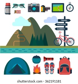 vector set of touristic icons. Mountain, camping and hiking.