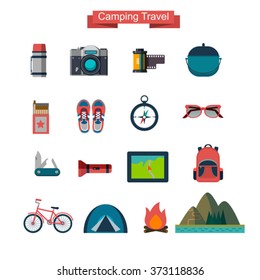 vector set of touristic icons. Mountain, camping and hiking.