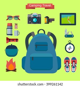 vector set of touristic icons. Mountain, camping and hiking.