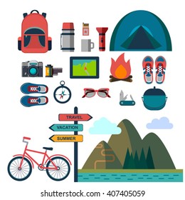 vector set of touristic icons. Mountain, camping and hiking.