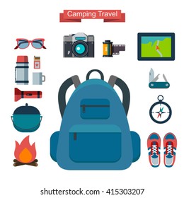 vector set of touristic icons. Mountain, camping and hiking.