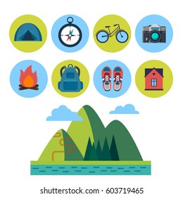 vector set of touristic icons. Mountain, camping and hiking.