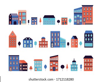 Vector set of town buildings in geometric flat style. City landscape elements buildings and trees. City constructor for background, header images for websites, banners, covers