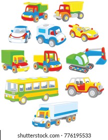 Vector set of toy cars, trucks and buses