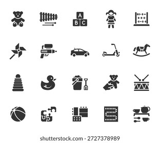 Vector conjunto de iconos planos de juguete. Contiene iconos de oso de peluche, muñeca, xilófono, juego de mesa, tambor, ábaco, caballo mecedor y más. Píxel perfecto.