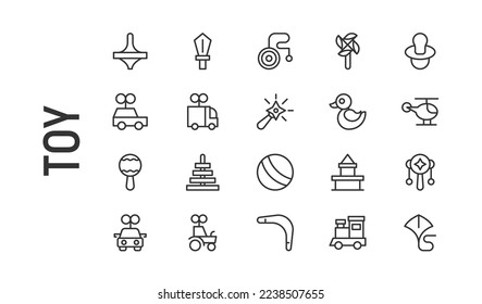 Vector set of toy thin line icons. Design of 20 stroke pictograms. Signs of toy isolated on a white background.