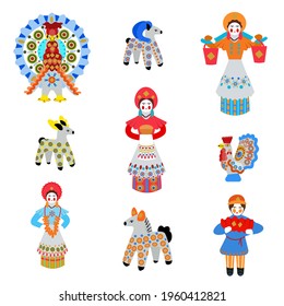 Vector set of toys birds, rooster, turkey, ram, horse, deer, accordion player with pattern in national Russian Dymkovo ornament isolated on background. Russian folk crafts. Illustration in flat style