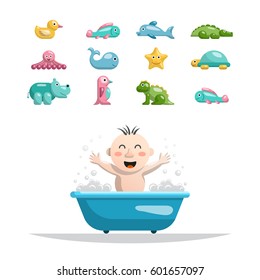 Vector set of toys for children in bath