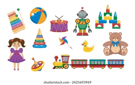 Vector set of toys. Different colorful play set. Childish toys set. 