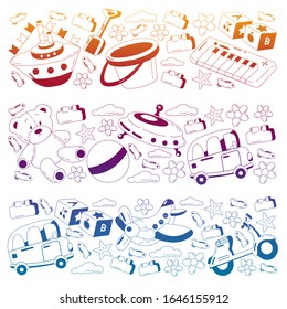 Vector set with toys icons. Pattern for kindergarten.