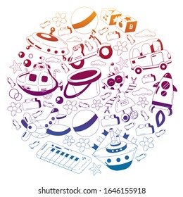 Vector set with toys icons. Pattern for kindergarten.
