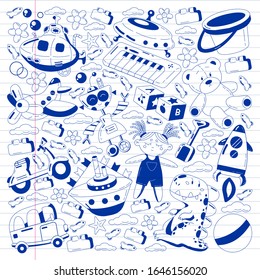 Vector set with toys icons. Pattern for kindergarten, little children. Kids playing.